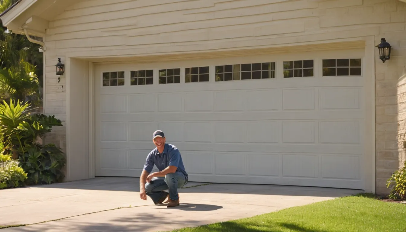 A friendly garage door provider checking the track of a residential garage door on a Pearland home